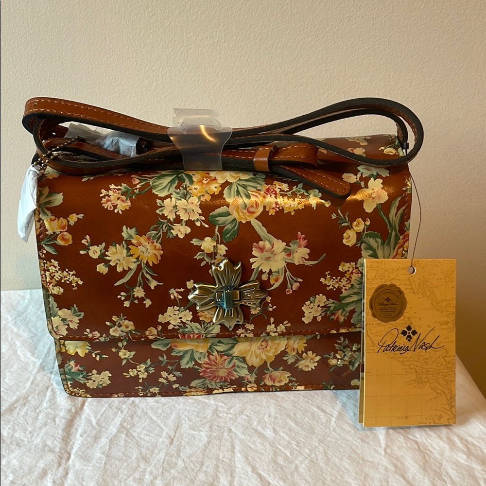 Patricia Nash Floral Tan Leather Crossbody Bag- Consilina in Vintage Botanical